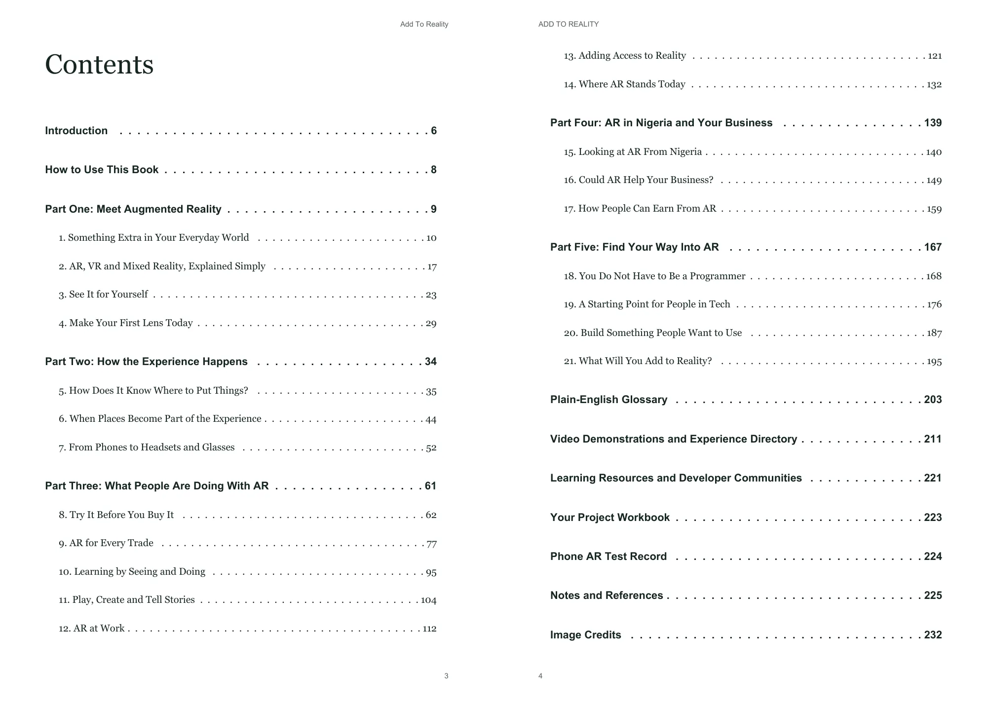 Table of contents, from Part One: Meet Augmented Reality to Part Five: Find Your Way Into AR