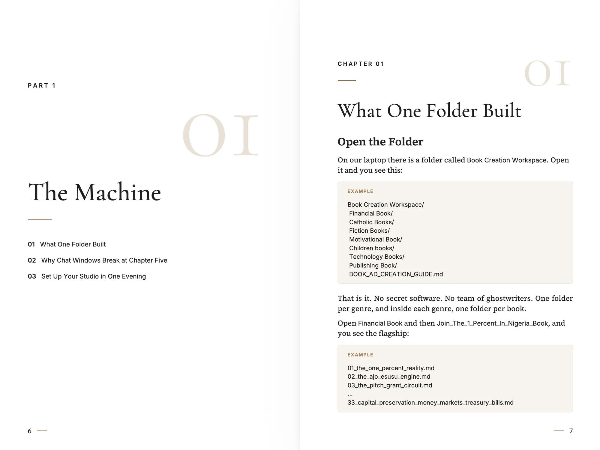 Part 1, The Machine, and the opening page of Chapter 1, What One Folder Built