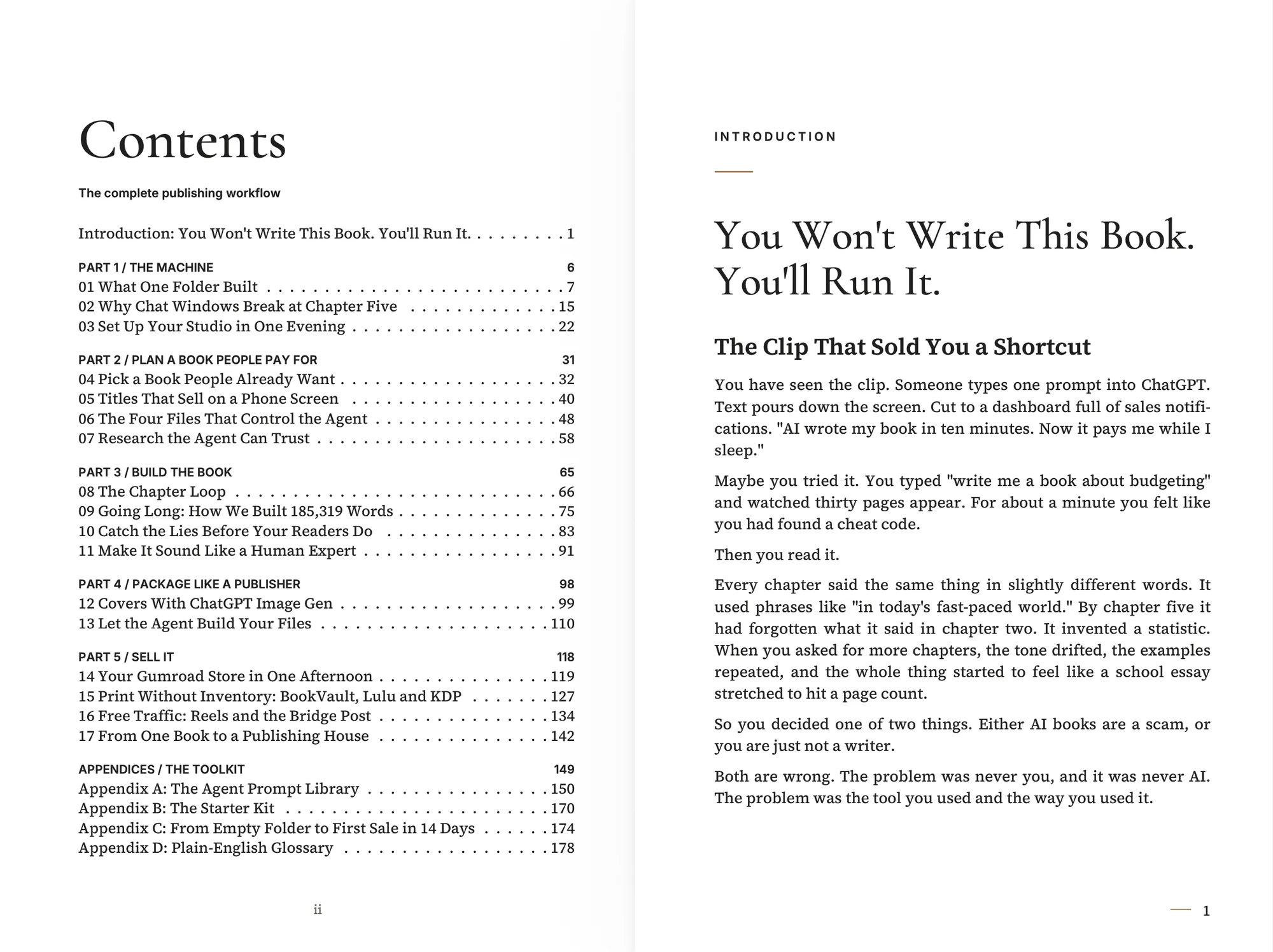 Table of contents and the opening page of the Introduction, You Won't Write This Book. You'll Run It.