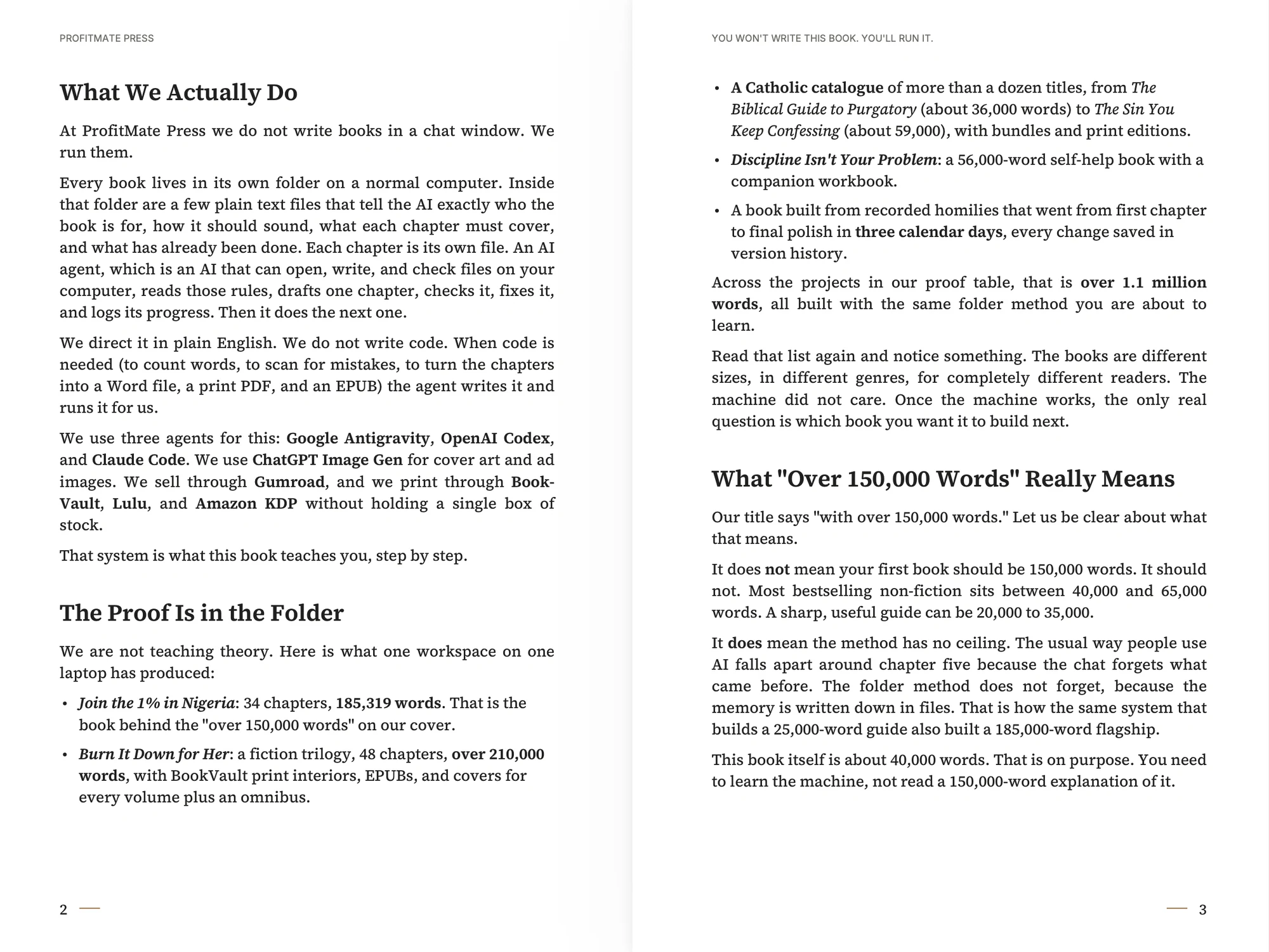 Introduction pages: What We Actually Do, The Proof Is in the Folder, and What "Over 150,000 Words" Really Means
