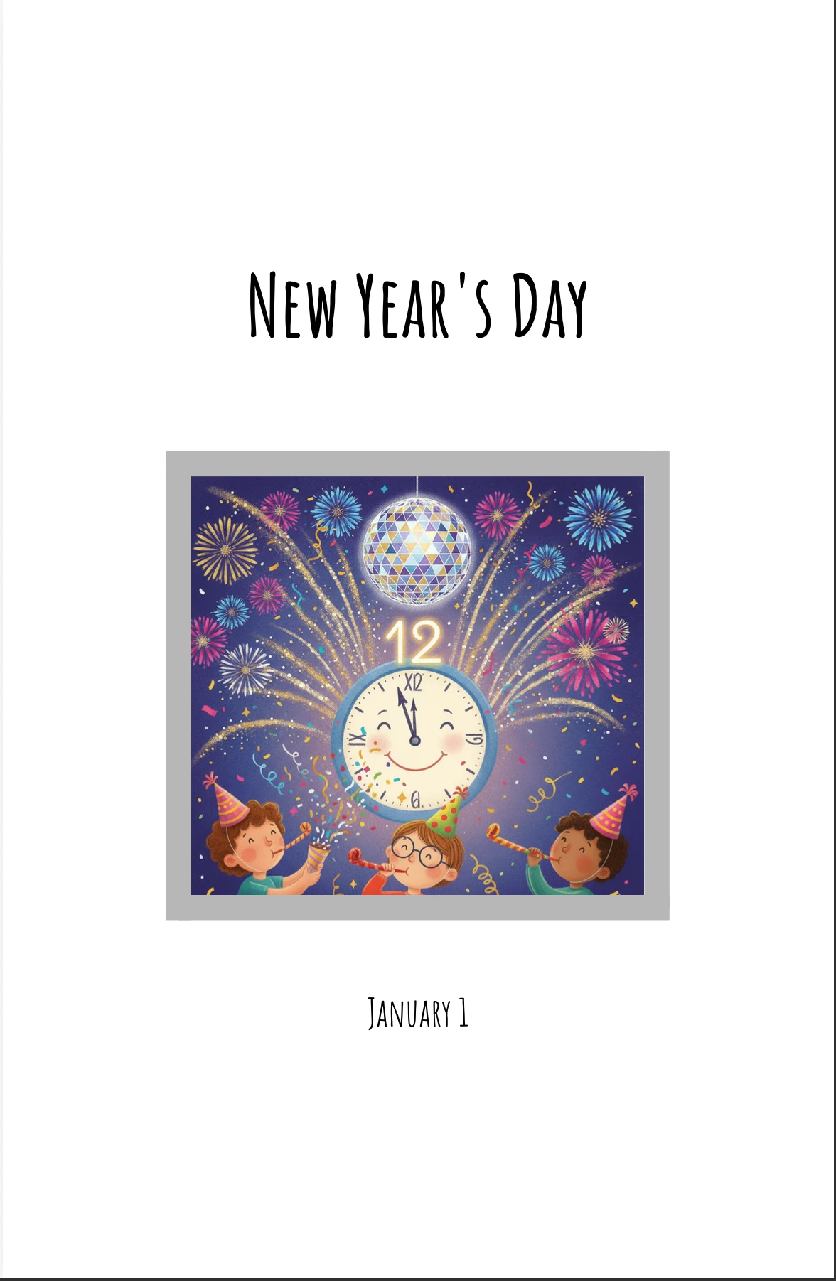 New Year's Day chapter opening page with a smiling clock and fireworks