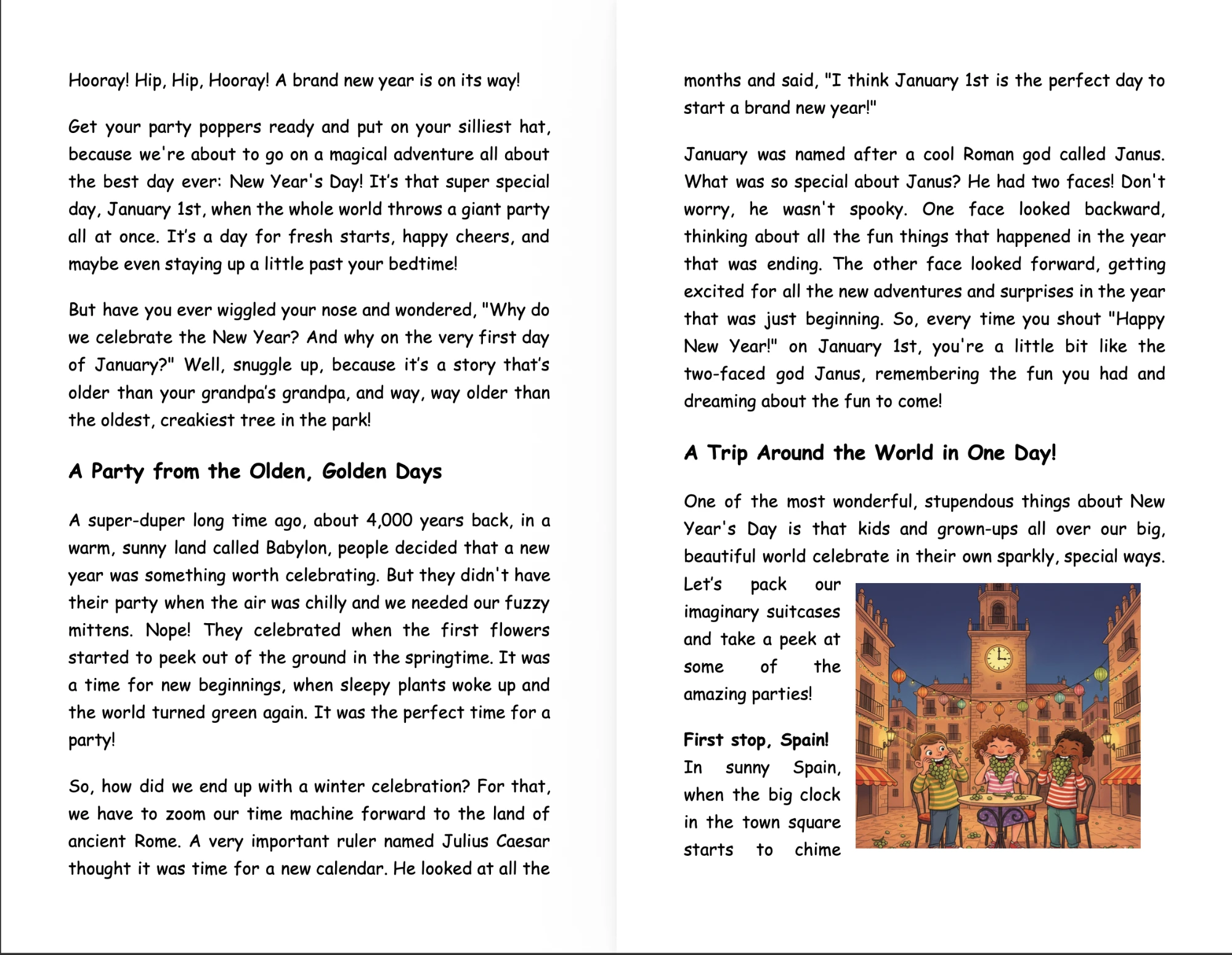New Year's Day story pages about Babylon, Julius Caesar, and celebrations in Spain