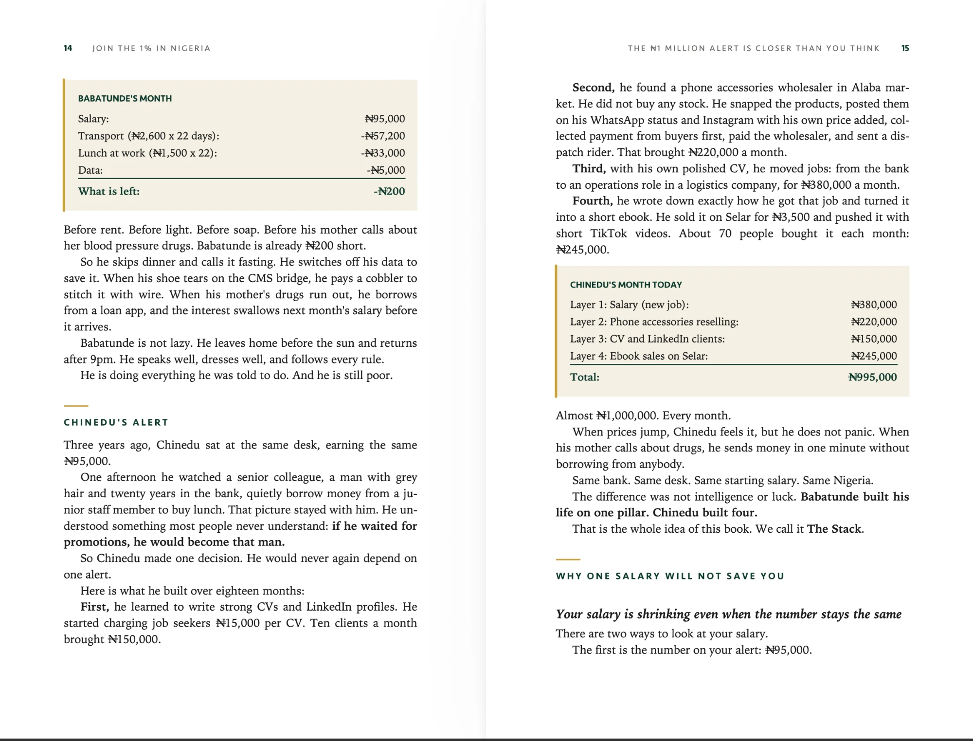 Chapter 1 pages comparing Babatunde's month with Chinedu's four income layers