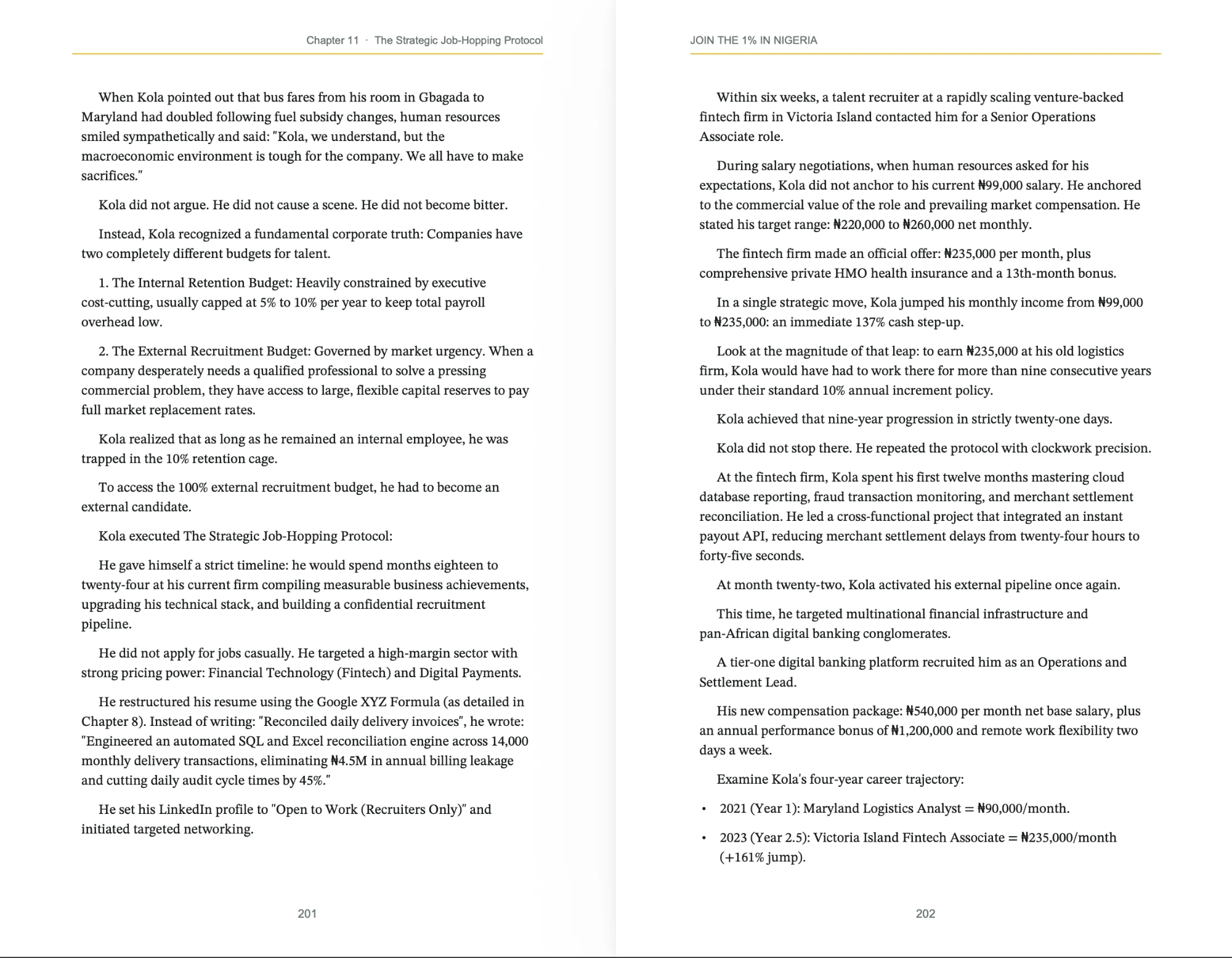Chapter 11 case study pages about Kola's salary jumps