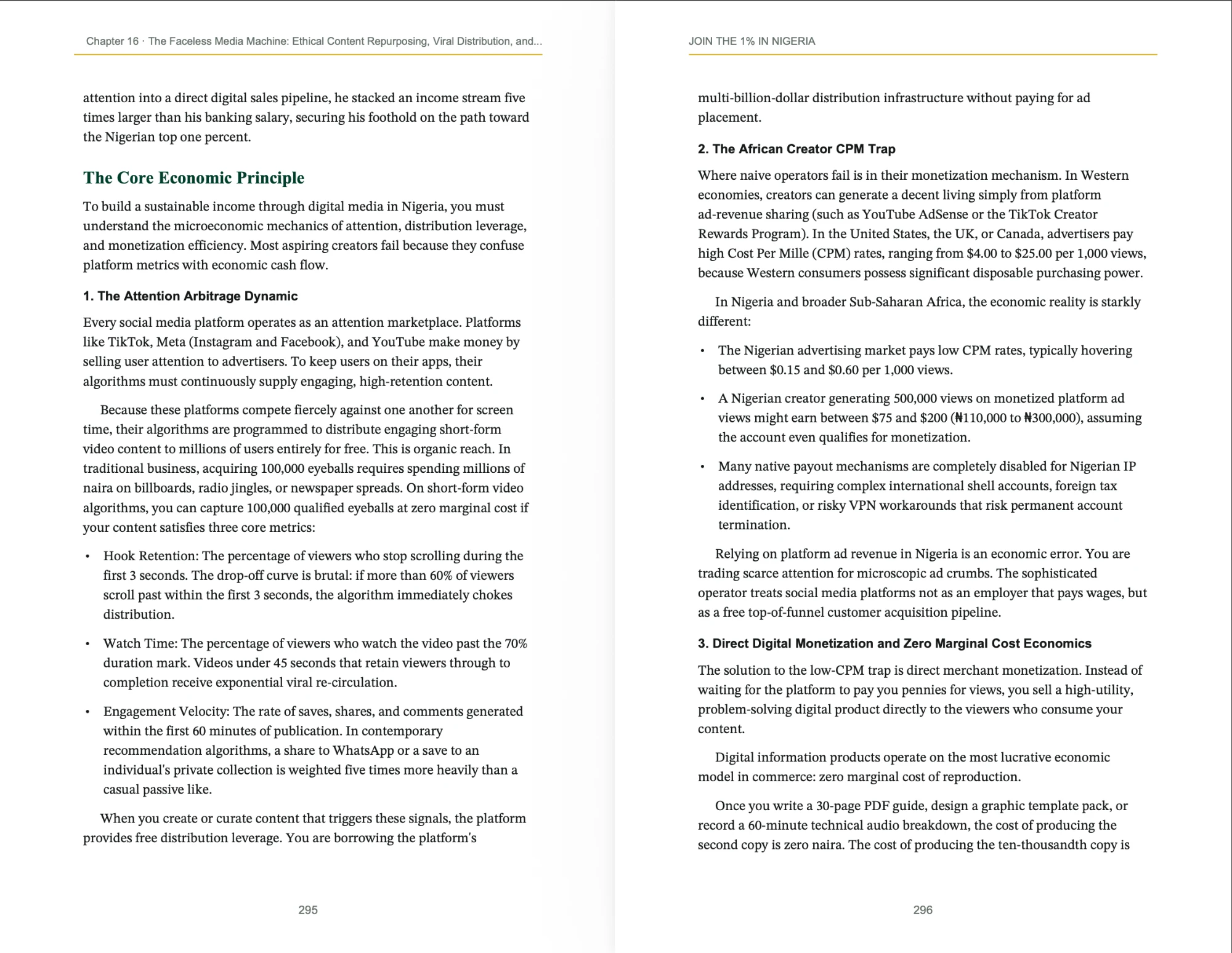 Chapter 16 pages on attention arbitrage and the African creator CPM trap
