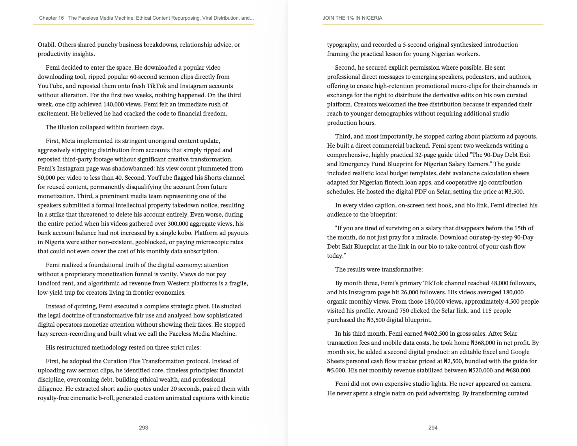 Chapter 16 case study pages about Femi's faceless content and digital product